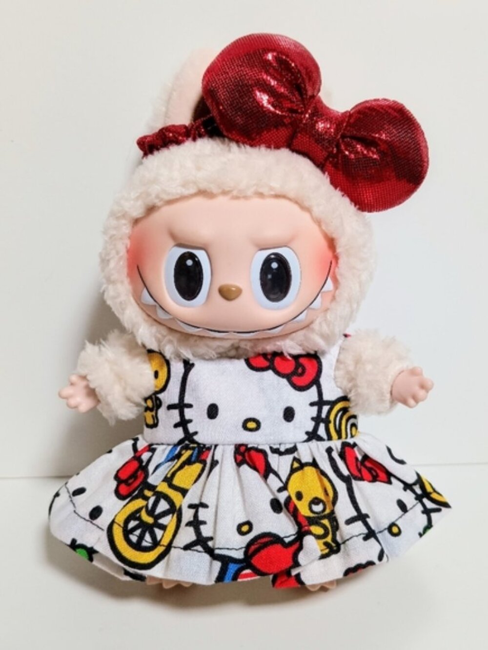 Custom Hello Kitty Dress and Metallic Bow Made to fit Labubu